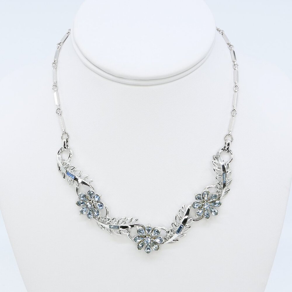 Vintage Corocraft Rhodium Plated Blue Rhinestone Floral Leaf Necklace 1950s